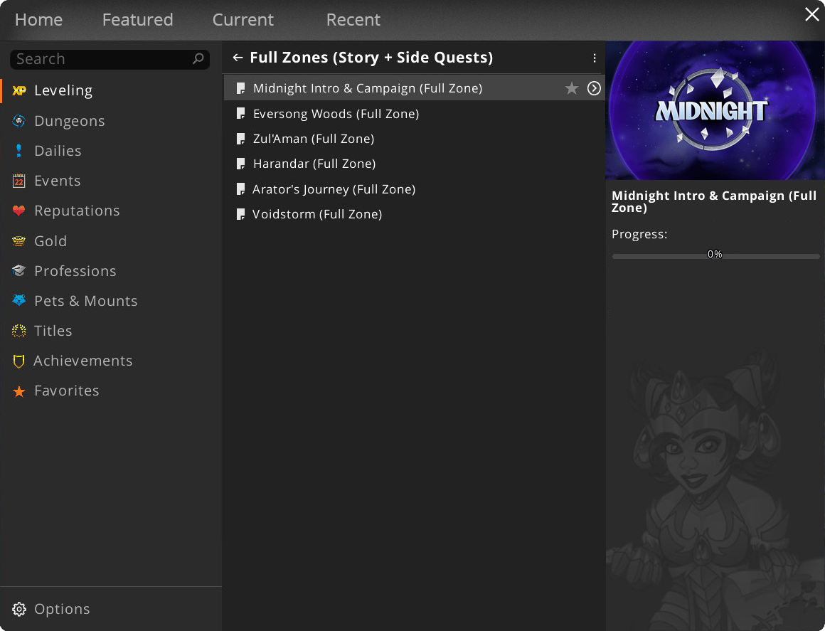 Zygor's guide menu with its categories: Leveling, Dungeons, Dailies, Events, Reputations, Gold, Professions, Pets and Mounts, Titles and Achievements