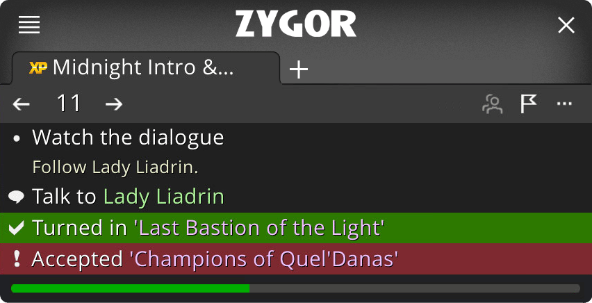 Zygor's guide viewer showing the current steps: talk to a character, turn in a quest and accept the next one