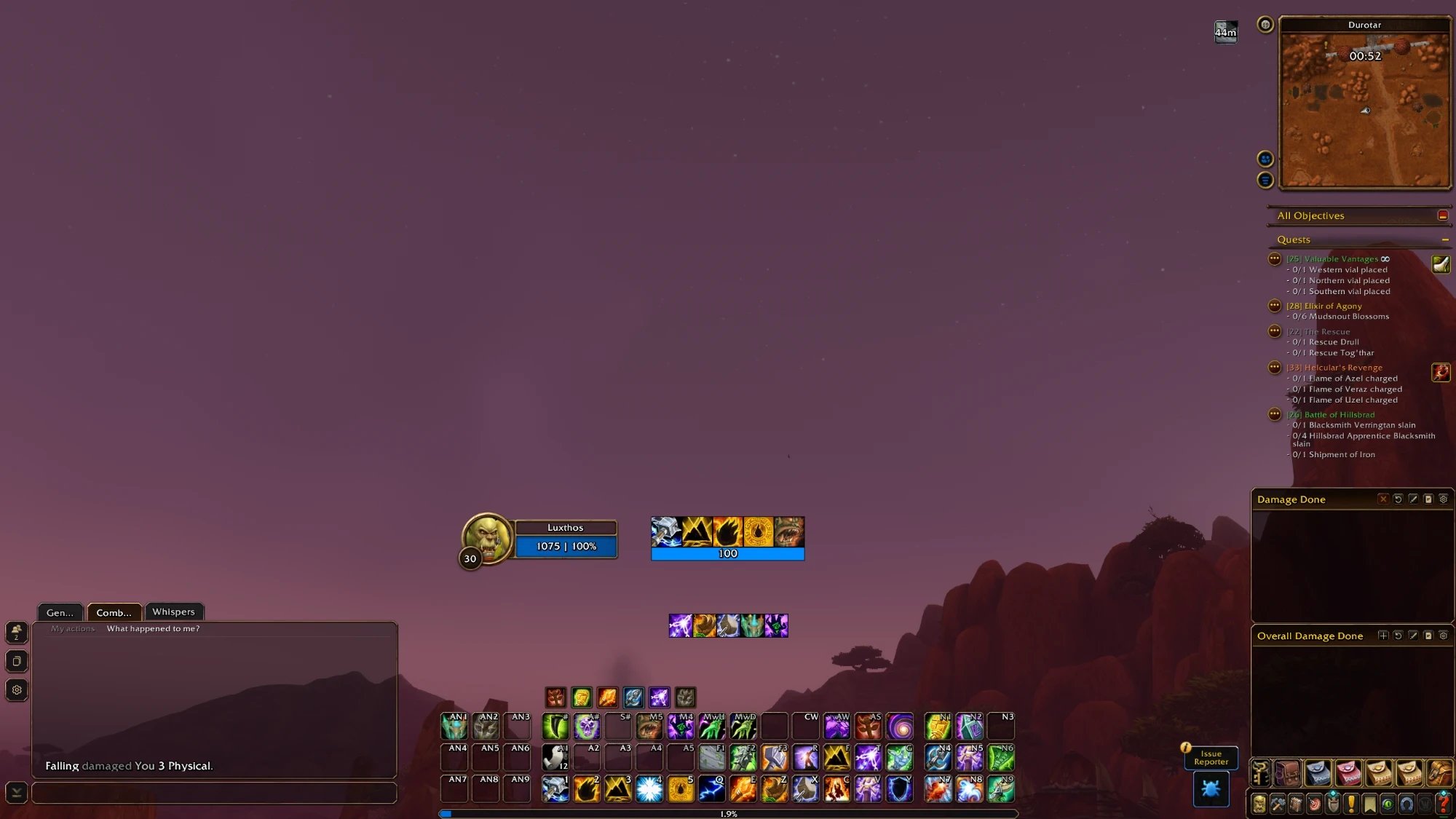 The Forever interface in Durotar: the player frame and resource bar in the centre, Cooldown Manager icons beside it, action bars along the bottom, the minimap and quest tracker on the right, damage meters at the bottom right and chat at the bottom left.