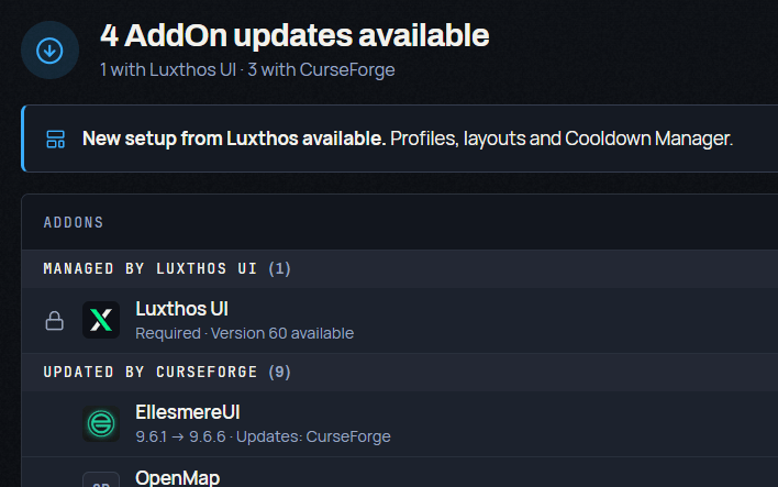 Close-up of the Luxthos UI app: 4 AddOn updates available and a new setup from Luxthos, with the AddOns that have updates.