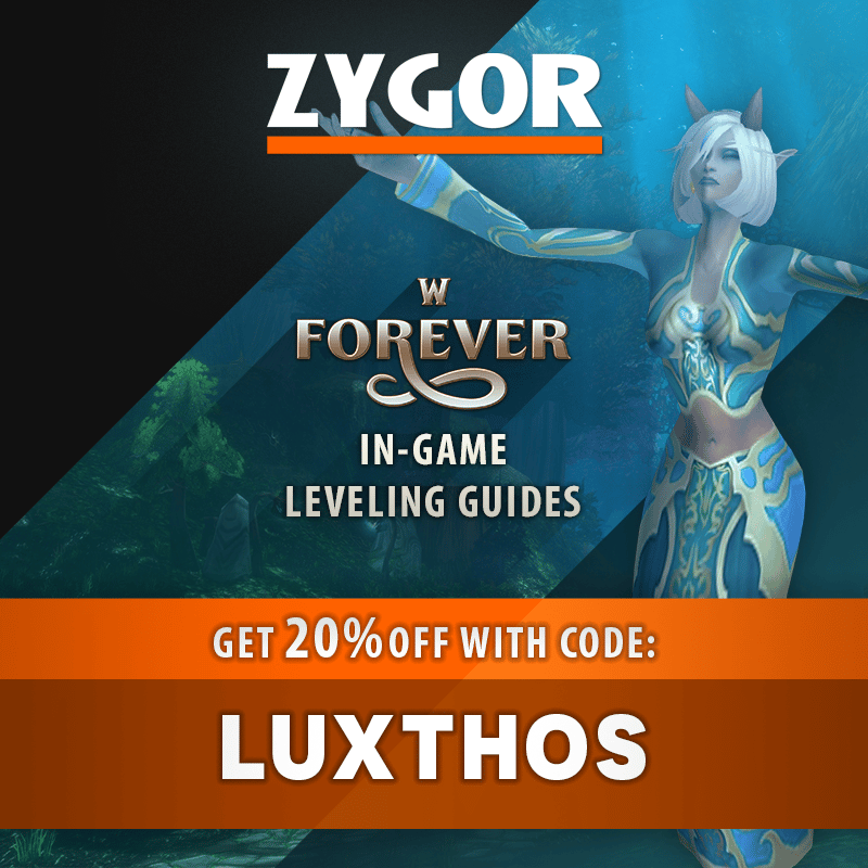 Zygor in-game leveling guides for WoW Forever. Get 20% off with code LUXTHOS.